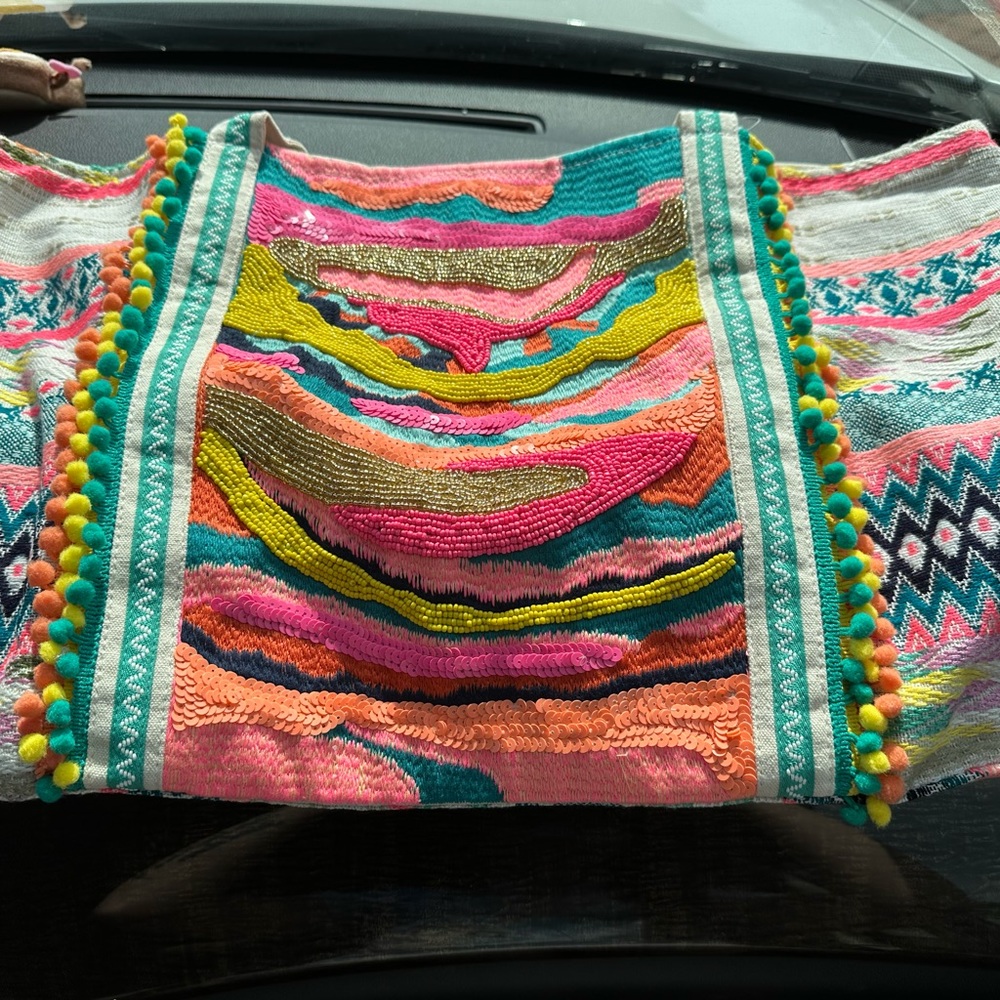 New without tags DAPHNE EMBELLISHED MULTI-COLORED HAND BEADED TOTE